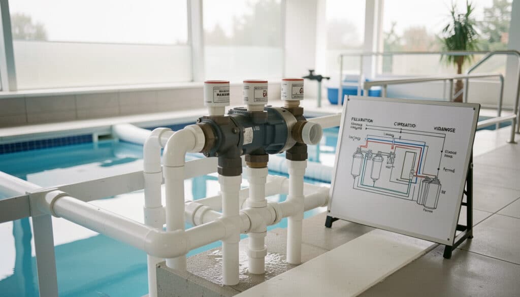 Schéma de vanne 6 voies de piscine et branchement